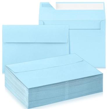 Imagem de Harloon Envelopes autoadesivos A9 14 x 21 cm, envelopes autoadesivos para convite de casamento, cartão de felicitações, para fotos, documentos, cartas, anúncios, chá de bebê, escritório (azul claro)