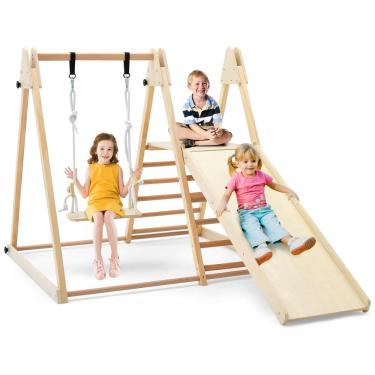 Imagem de Playground HONEY JOY Indoor 5-em-1 Para Crianças, Com Balanço, Rampa Escorregador, Escada e Parede de Escalada, Dobrável, Estilo Montessori