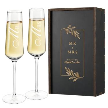 Imagem de Mr. & Mrs. Conjunto de flauta de champanhe - Copos elegantes para brindes de casamento para celebrações, presentes de lista de presentes de casamento para chá de panela, taças de vinho altas para