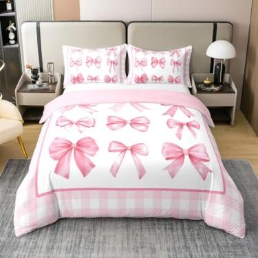 Imagem de 100% algodão adorável capa de edredom com laço tamanho solteiro 2 peças rosa branco patchwork quadriculado conjunto de cama feminino para crianças, meninas, adolescentes, mulheres, desenho animado