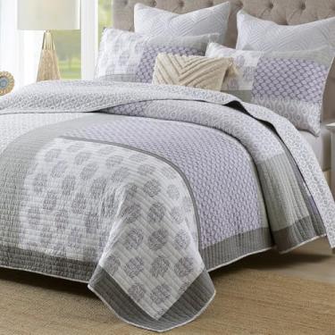 Imagem de CozyQQ Colcha King cinza roxa - 100% algodão orgânico, floral, patchwork, xadrez, reversível, acolchoada, para cama king, fazenda, moderna, leve para todas as estações, conjunto de edredom de 3 peças