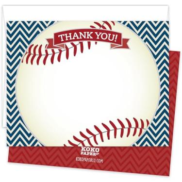 Imagem de Cartas de agradecimento de beisebol. Conjunto de 25 cartões de nota plana vermelho e azul marinho 14 x 11 cm e envelopes brancos A2. Impresso em cartão pesado.