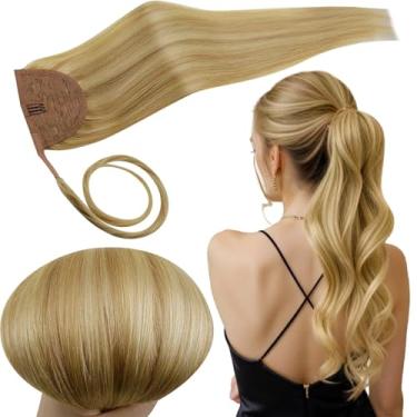 Imagem de RUNATURE Extensão De Rabo Cavalo, Cabelo Humano Natural, Loiro Para Mulheres, Aplique Liso E Macio, Uso Diário, 14" 70G #16P24 Com Mechas Douradas