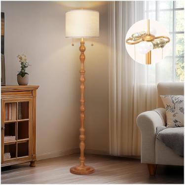 Imagem de Candeeiro de chão de madeira natural de 166 cm com correntes de tração em S interruptor duplo, lâmpada alta de base de madeira, luminária de pé de fazenda para sala de estar, com sombra de linho