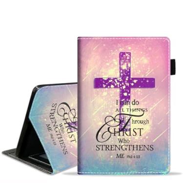 Imagem de BXIKEOPIU Capa para tablet Amazon Kindle Fire 7 (7 polegadas, 12ª geração, versão 2022), capa fólio fina de couro PU com compartimento para cartão e hibernação automática, versículo bíblico com