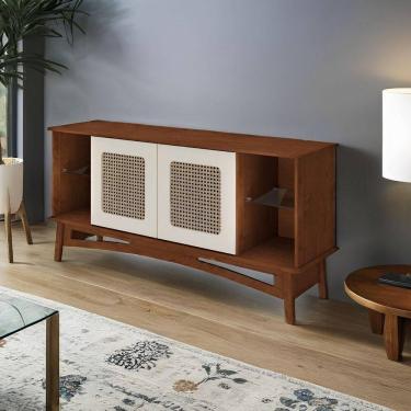 Imagem de Rack Para Tv De Madeira 2 Portas Em Rattan E 2 Prateleiras De Vidro - Imbuia Glazer Com Portas Nude Laca