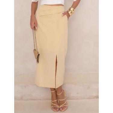 Imagem de Saia Midi de Linho com Fenda Lateral, Pala Sofisticada e Bolsos Discre