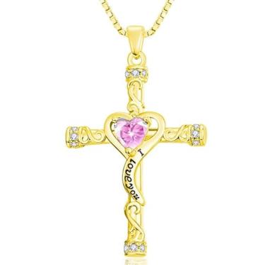 Imagem de VANAODUC Colar feminino com cruz de pedra do mês de nascimento, ouro 14K, ouro branco 18K, ouro rosa, pingente feminino I Love You, presente de aniversário e Natal para sua mãe, esposa, namorada
