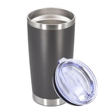 Imagem de Copo de aço inoxidável de 590 ml com tampa Caneca de viagem de parede dupla isolada a vácuo, durável, revestida em pó, caneca para bebidas quentes e frias, cinza, 1 pacote