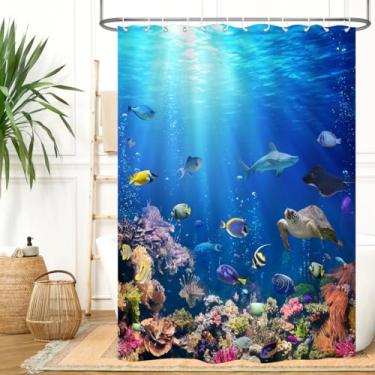 Imagem de ZXMBF Cortina de chuveiro oceano mundo subaquático colorido peixes tropicais tartaruga coral no mar profundo decoração de casa tecido à prova d'água 124 cm L x 192 cm ganchos de plástico azul 12 peças