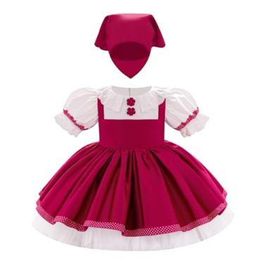 Imagem de OBEEII Infant Baby Girls Halloween Outfit Toddler Short Puff Sleeve Christmas Ruffle Dress with Headscarf Lace Mesh Princess Birthday Party Photoshoot Cosplay Dress Up Hot Pink 2-3 Years