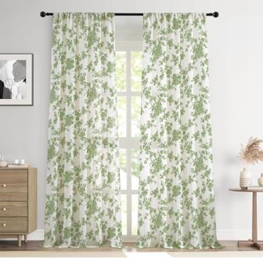 Imagem de Cortinas florais Farmhouse Linen verde sálvia 277 cm de comprimento, filtragem de luz, cortina de janela francesa para sala de estar, quarto, bolso de haste, cortinas com estampa de flores, 2 painéis