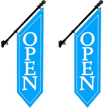 Imagem de Pacote com 2 bandeiras abertas com kit de mastro - Banner aberto de lona resistente para loja comercial, placa dupla face externa de 106 x 30 cm com suporte - Sinalização publicitária para varejo e