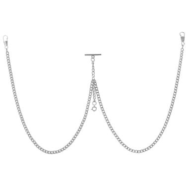 Imagem de Corrente masculina prata para relógio de bolso, corrente vintage Albert com lagosta e fechos de barra em T, colete/terno para seus relógios de bolso/pingente (10-prata