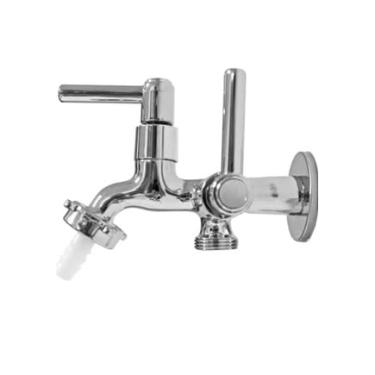 Imagem de Torneira Dupla Saída para Tanque e Máquina de Lavar, Cromada, ABS, 15x11cm, Conexão 1/2", com Adaptador 3/4" e Bico para Mangueira