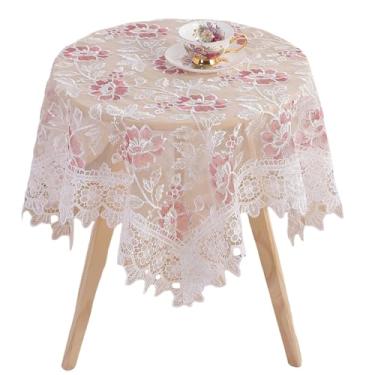 Imagem de Fhberni Toalha de mesa floral branca redonda - Capa de mesa decorativa elegante bordada de renda para café e casamento (branca, 89 cm redonda)