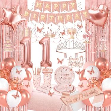 Imagem de Decorações de aniversário de 11 anos de ouro rosa, decorações de feliz aniversário de 11 anos para meninas, pacotes de festa de aniversário com faixa de ouro rosa, balões número 11, faixa, coroa