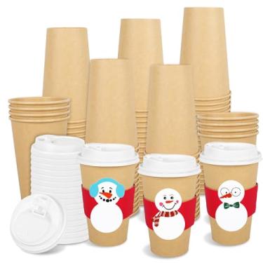 Imagem de JarThenaAMCS 48 conjuntos de copos de café de Natal com tampas mangas 473 ml boneco de neve de inverno copo de papel kraft descartável para levar xícara de café para artesanato faça você mesmo, festa