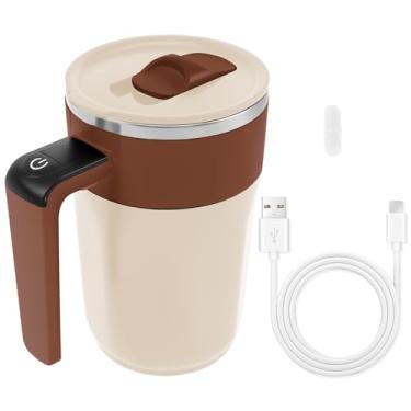 Imagem de Caneca de café magnética com agitação automática, recarregável por USB, 400 ml, com tampa, copo de mistura elétrica de aço inoxidável 316, copo de mistura automática para chocolate quente (café bege)
