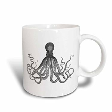 Imagem de 3dRose Polvo vintage - preto e branco Lord Bodner kraken - Cthulu - lula gigante marinha subaquática náutica 325 ml Caneca vermelha em dois tons