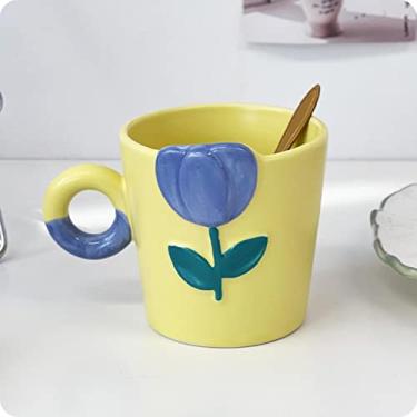 Imagem de Canecas de café de flores 3D com colher de cerejeira cerâmica bonito reutilizável copos de viagem chá água leite original caneca de café da manhã presente