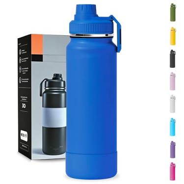 Imagem de Garrafa Térmica 1000ML - Duplamente Isolada a Vácuo, Aço Inox 304, Capa Protetora da Base de Silicone, Mantém Bebidas Gelada 24 horas e Quente 12 horas (Azul Slin)