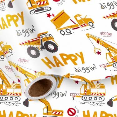 Imagem de LeZakaa Rolo de papel de embrulho infantil – tema de caminhão e escavadeira de construção com design Happy Diggin' – Mini rolo de embrulho de 43 cm x 16,4 m para meninos, aniversário, festa, chá de