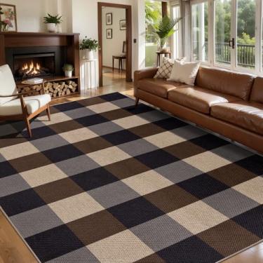 Imagem de Tangsoo Tapete xadrez preto marrom fácil de juta 12 x 18 cm grande lavável para mesa de sala de jantar