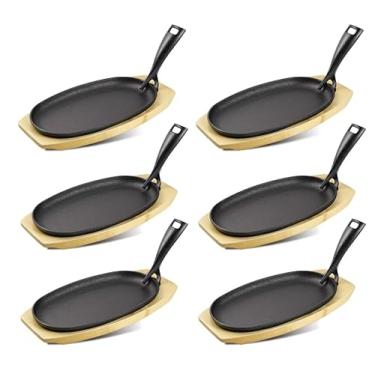 Imagem de DVK Conjunto de 6 frigideiras de ferro fundido com base de madeira Frigideira Fajita com alça removível para serviço de cozinha de churrasco doméstico