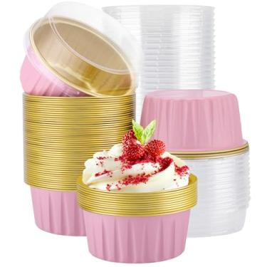 Imagem de EUSOAR Creme Brulee Ramekins descartáveis, 50 peças, formas de pão de bolo de 142 g, mini formas de bolo com tampas, forros de cupcake de forno, recipientes pequenos de sobremesa, copos de assar para