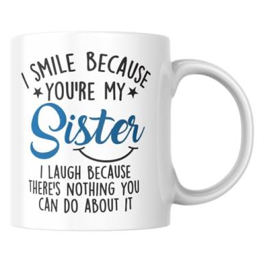 Imagem de Babimarkeebei Caneca de café Funny Sister 325 ml - Smile Because You're My Sister I Laugh Because There's Nothing You Can Do About It Irmãos Humor Copo de cerâmica, presente de aniversário para irmãs
