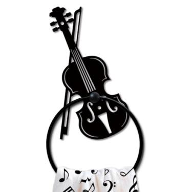Imagem de MAYJOYDIY Anel de toalha de metal para violino, tema musical, suporte de toalha de mão, suporte de instrumento, suporte de parede, preto, vintage, toalhas, organizador de parede, para cozinha, banho