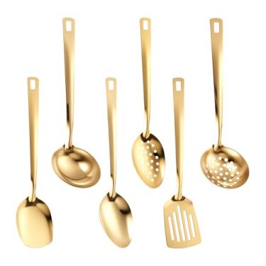 Imagem de Conjunto de 6 peças de utensílios de cozinha de aço inoxidável, conjunto de utensílios de cozinha, conjunto de espátulas de utensílios de cozinha, conjunto de utensílios wok inclui colher com fenda