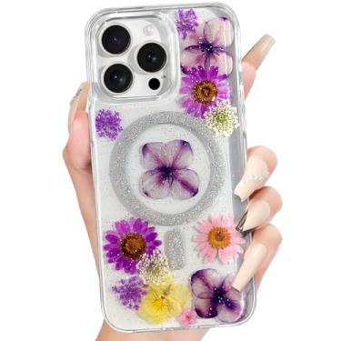 Imagem de Loheckle Capa feminina para iPhone 15 Pro Max - compatível com MagSafe Girl linda flor seca floral feminina estética cintilante exclusiva feita à mão para Apple 15 Pro Max 6,7 polegadas, roxa