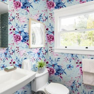 Imagem de ESSMOKO Papel de parede colorido planta flor hidrosol papel de parede sala de estar quarto escritório decoração de fundo adesivo de parede peônia vermelha e azul 45 * 600 cm