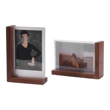 Imagem de FINGERINSPIRE 2 porta-retratos de acrílico com suporte de madeira 11 x 3,8 x 16 cm, moldura de madeira em forma de L, retangular transparente, acessórios para exibição de fotos para escritório em casa