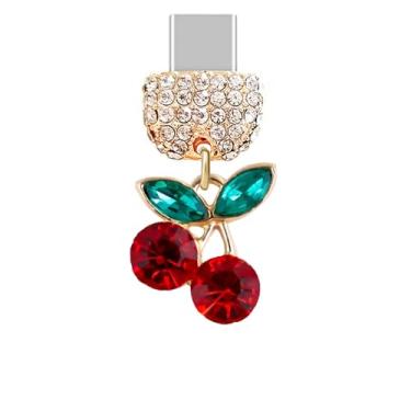 Imagem de ELISE & FONDA TP890 Tipo-C porta de carregamento cristal antipoeira pequeno 3D cereja pingente de celular para iPhone 15/16/Samsung/OnePlus/Xiaomi/oppo telefones Android (vermelho)