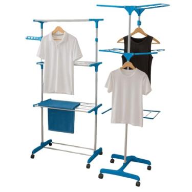 Imagem de Varal de Chão com 3 Andares, Móvel com Rodas, Azul e Prata, para Lavanderia, Secagem de Roupas
