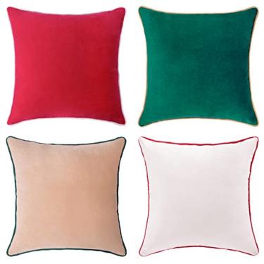 Imagem de MONDAY MOOSE Capas de almofada decorativas de Natal, conjunto de 4 designs de veludo macio frente e verso, misture e combine para decoração de casa, almofadas não incluídas (56 x 56 cm, vermelho/verde