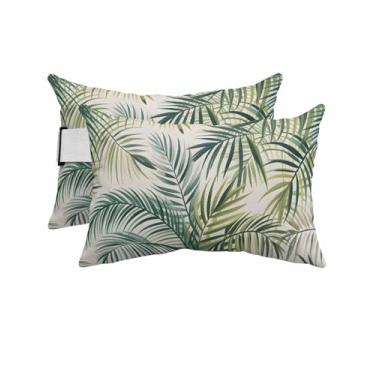 Imagem de Travesseiros lombares para ambientes externos com alça e inserção de folhas de palmeira verdes, pacote com 2 almofadas tropicais à prova d'água para encosto de cabeça, pátio, espreguiçadeira, para