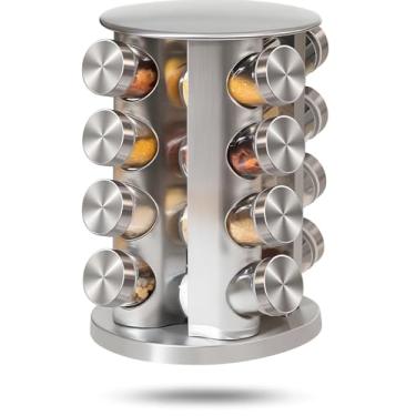Imagem de Porta Condimentos Temperos Giratório com 16 Potes de Vidro e Tampa Inox Premium – Kit Completo para Armazenar Temperos na Cozinha com Suporte Giratório Resistente e Design Funcional