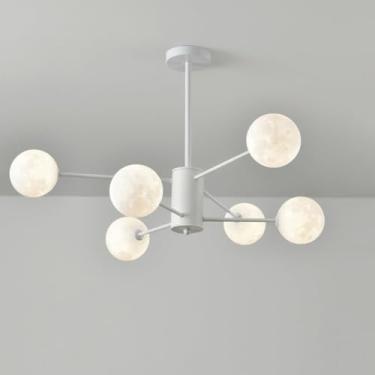 Imagem de Lustre moderno, luzes de teto industriais com bola fosca branca leitosa, impressão 3D, lua, grande luminária pendente para ilha de cozinha, sala de jantar, sala de estar, 6 luzes