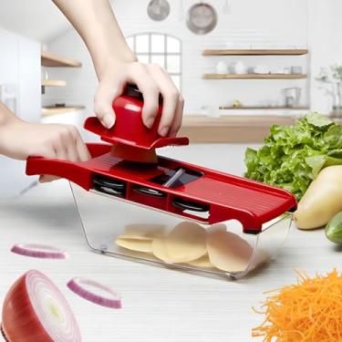 Imagem de Mandoline Slicer 6 em 1 – Cortador e Fatiador de Legumes e Frutas | 6 Lâminas Aço Inox Ajustáveis | Ralador, Picador e Cortador de Batata | Seguro, Rápido e Fácil de Limpar com descascador