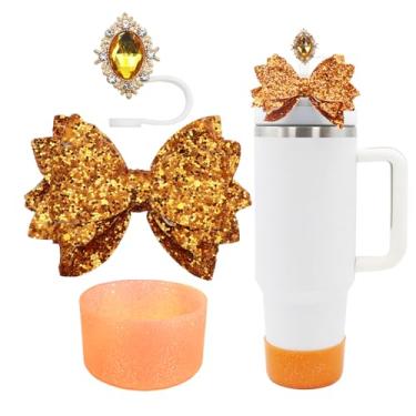 Imagem de Conjunto de 3 peças de acessórios para copo Stanley de 30 e 1,134 g com alça, decoração de canudo de laço fofo e topo de palha de 10 mm, bota de silicone com glitter, acessórios de copo fofos