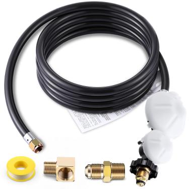 Imagem de Pangda Mangueira de tanque de propano F273684 de 3 pés com regulador de dois estágios compatível com aquecedores Mr Heater Buddy para fêmea de 0,9 cm x cotovelo de rua macho de 9,5 cm e conexão POL