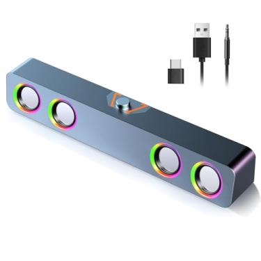 Imagem de Elimavi Alto-falantes de computador para PC de mesa, alto-falantes de 2.0 canais com iluminação RGB estática e controle de volume, com entrada de 3,5 mm e plug and play alimentado por USB, compatível