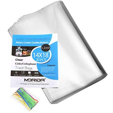 Imagem de MORIDA 20 sacos de guloseimas de celofane de celofane de 35,5 x 45,7 cm transparentes para embrulho de presente, padaria, biscoitos, doces, sobremesas, cestos, embalagens com laços coloridos