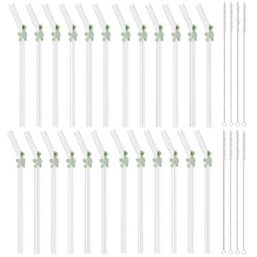 Imagem de 24 canudos reutilizáveis de vidro transparente com 8 peças de escova de limpeza, resistente ao calor, lindos canudos dobrados de flores para smoothies, chás, sucos, milkshakes, coquetéis (24 peças