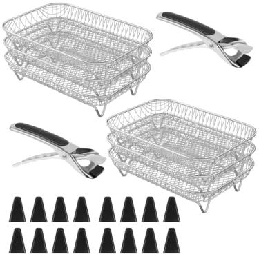Imagem de 24 unidades de rack quadrado de fritadeira a ar com 2 clipes e 16 pés de silicone, 3 camadas, desidratador, empilhável, de aço inoxidável, 20 cm, acessórios de cesta de fritadeira a ar quadrada para