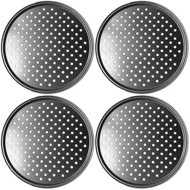 Imagem de 4 formas de pizza de aço com furos 32 cm, bandeja de pizza, antiaderente, redonda, para casa, restaurante, cozinha, forno (preto, pacote com 4)